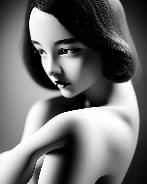 Image similar to black and white dreamy young beautiful female artificial intelligence, cinematic, rim light, photo - realistic, elegant, high detail, 8 k, masterpiece, photo taken in 1 9 3 0