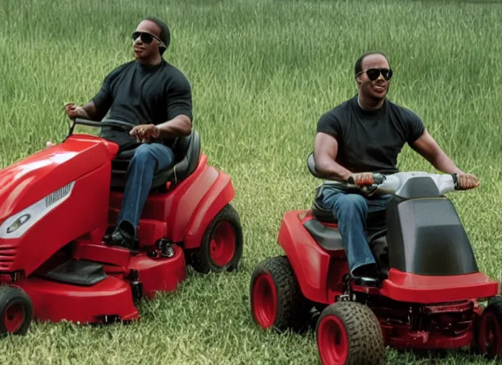 Prompt: film still of Stevie Wonder riding a lawn mower in the new Field of Dreams movie, 4k