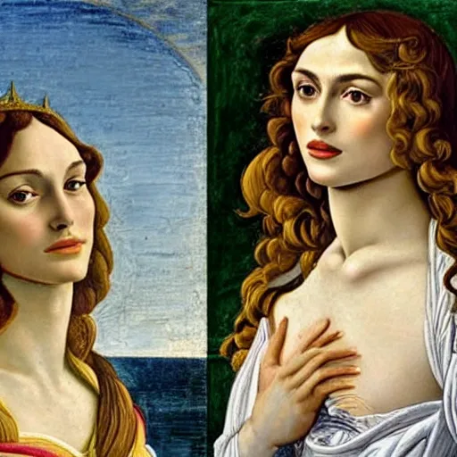 Prompt: Portrait of Keira Knightley as Venus in the painting The Birth of Venus, by Sandro Botticelli, Tempera on canvas, Clamshell