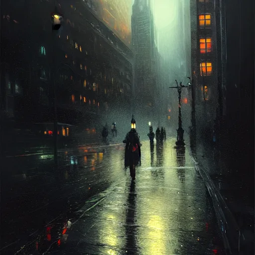 Image similar to nighttime in gotham city, wet pavement, street level view, light mist, fantasy, intricate, elegant, digital painting, trending on artstation, concept art, soft focus, illustration by greg rutkowski, Gaston Bussiere and artgerm, 4k.