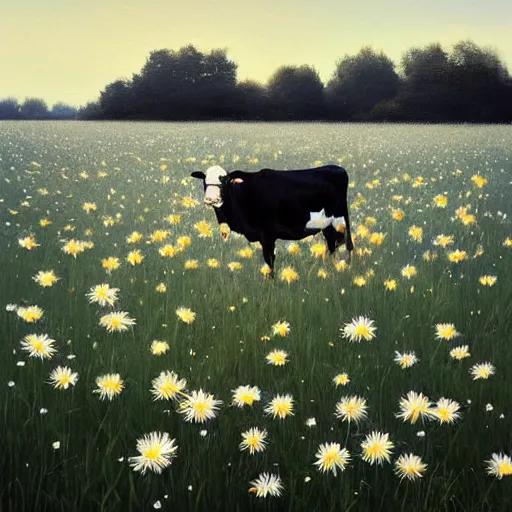 Image similar to Hyper realistic oil painting of a cow standing in the middle of a field of daisies, blue sky, high contrast, by greg rutkowski, trending on artstation