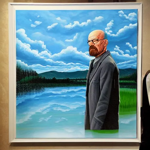 Image similar to an optical illusion painting of Walter white amidst a painting of trees water and sky