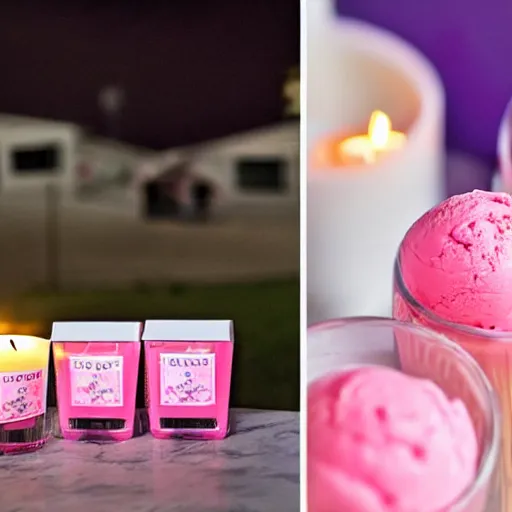 Image similar to pink ice cream man screaming whilst surrounded by relaxing scented candles