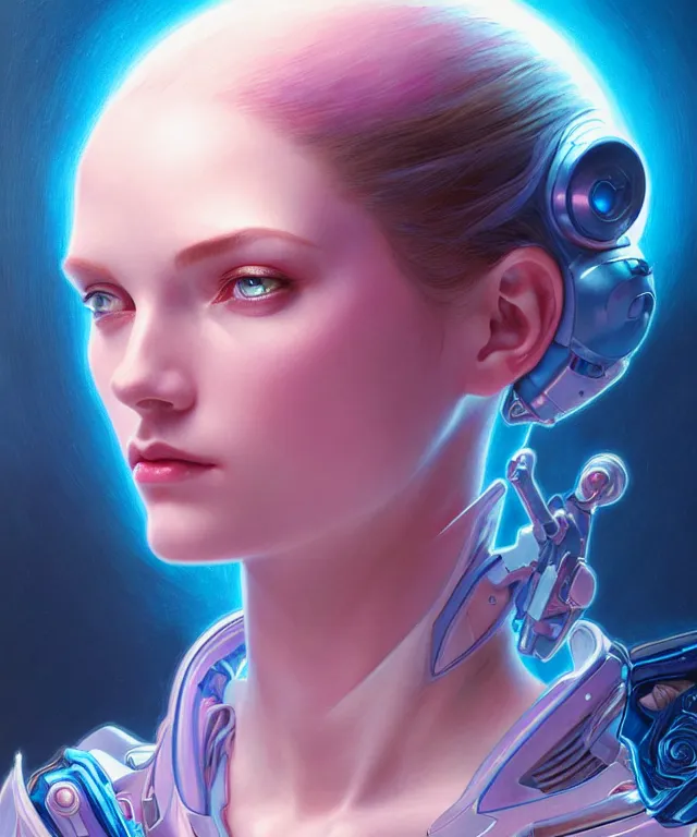 Image similar to Beautiful female android portrait, sci-fi, glowing blue eyes, face, blue and pink exoskeleton, fantasy, intricate, elegant, highly detailed, digital painting, artstation, concept art, smooth, sharp focus, illustration, art by artgerm and greg rutkowski and alphonse mucha