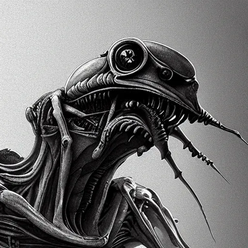 Image similar to xenomorph alien frog, frog head, alien by artist giger, bones background, intricate, concept art for movie, black and white colors, extreme detail, 4 k, detailed concept art, cgsociety, realistic lighting, sharp focus, backlit