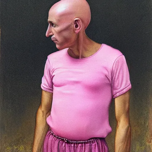 Image similar to bald skinny man in a pink t - shirt and pink pants, a colorized photo by hinchel or, tumblr, fantastic realism, colorized, handsome, da vinci