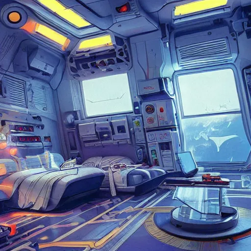 Prompt: a 90s bedroom in a spacestation, intense sci-fi details, realism, colorful, hyper detailed, futuristic, technology, cinematic atmosphere, arnold render, trending on artstation, cgsociety