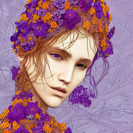 Prompt: the head of an unbelievably elegant and ridiculously beautiful woman partially made of potatoes and violets, an ultrafine detailed illustration by james jean, final fantasy, intricate linework, bright colors, behance contest winner, vanitas, angular, altermodern, unreal engine 5 highly rendered, global illumination, radiant light, detailed and intricate environment