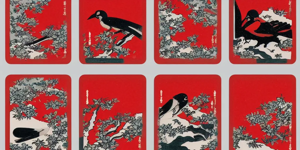 Prompt: hanafuda, set of 4 cards for january, trending on behance, concept art, stunning, matte