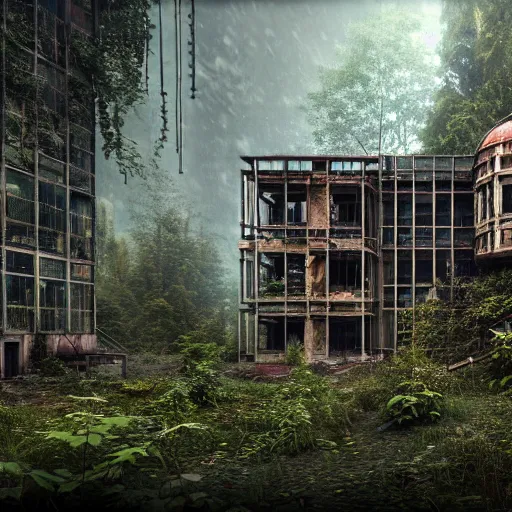 Image similar to a beautiful ultradetailed render of city building unfinished building urbex industrial architecture dormitory by antoine predock, wilderness mars steampunk reclaimed by nature forest tundra rainforest postcyberpunk myst, archdaily, wallpaper, highly detailed, trending on artstation.