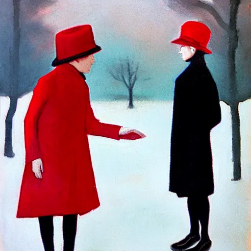 Prompt: A thin man in a black coat and bowler hat talks with small girl who is dressed in a red coat and a red hat, park, autumn, 1923, oil painting style, wide angle, high detail, width 768