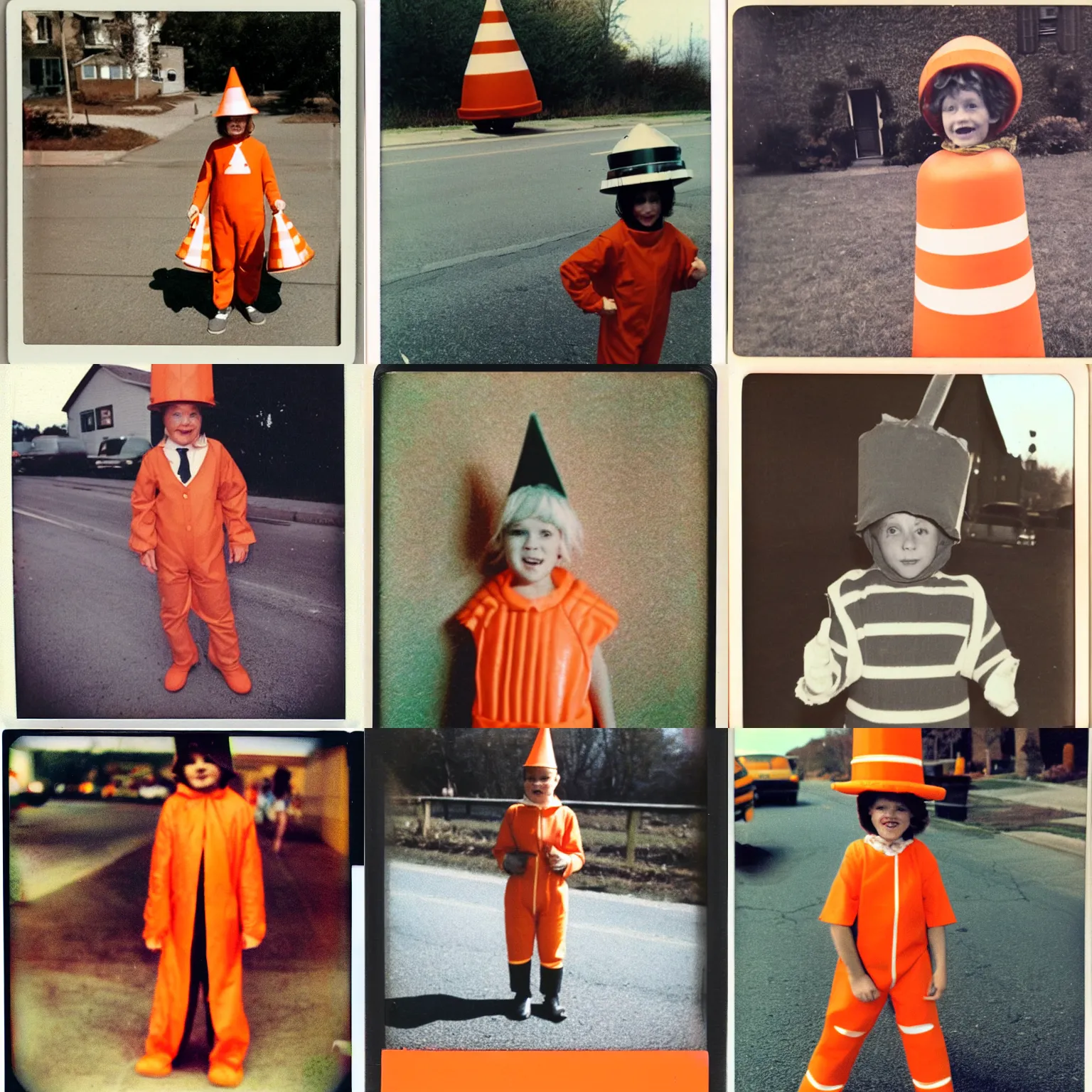 Prompt: vintage polaroid of a kid dressed as a traffic cone for Halloween 1978