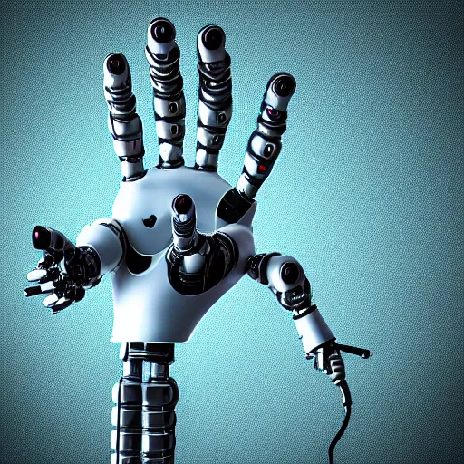 Prompt: robot's Heart-shaped fingers, Five fingers on the hand, a close up, steel, metal, colourful lighting blue and white, Wires, Mechanisms, cgsociety, octane render, trending on artstation, artstationHD, artstationHQ, unreal engine, 4k, 8k, 3d render, 3d Houdini, cinema 4d, octane, unreal engine 5, ue4,