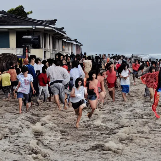 Prompt: a crowd of people run away from the tsunami