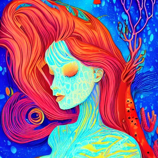 Image similar to coral underwater colorful, fantasy, intricate, highly detailed, little fish and sea life digital painting, hd, trending on artstation, illustration, fine lines, sharp edges, colourful, a reallistic attractive woman, swimming,