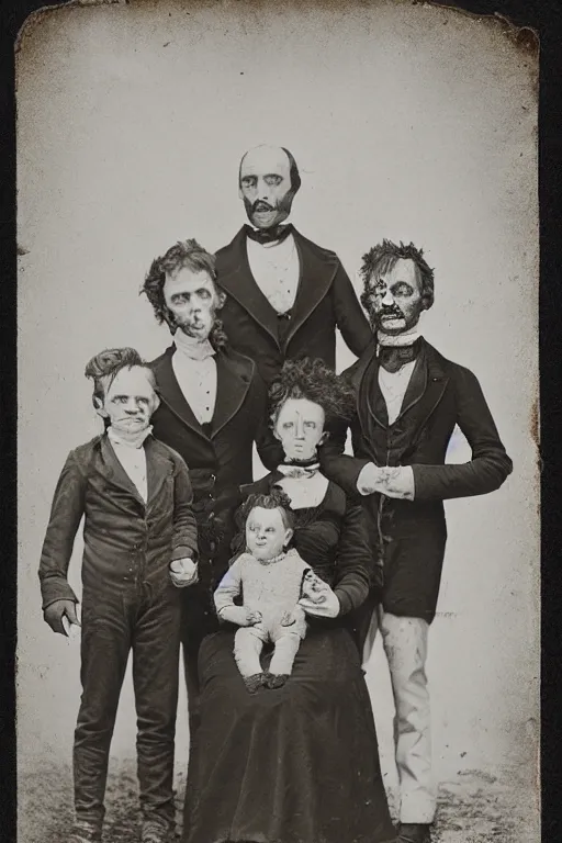 Image similar to mugwump family photo, 1 8 0 0 s, olan mills studio, creepy, scary, laughing, color, grotty, ugly, terrified