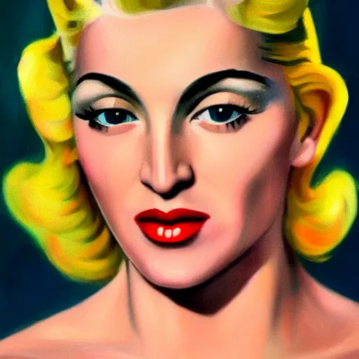 Prompt: A beautiful close-up of a blonde woman who looks like Madonna, dressed like in the 1940s, digital art by Edward Hopper, vibrant color scheme, highly detailed, in the style of romanticism, fine Art, high detail, great lighting, 8k resolution, masterpiece, concept art, illustration, clear eyes, soft lighting, soft details, painting oil on canvas, octane render, HDR, trending on artstation, 4k, 8k, HD