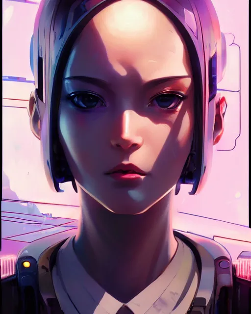 Image similar to a comic potrait of a cyberpunk cyborg girl with big and cute eyes, fine - face, realistic shaded perfect face, fine details. night setting. very anime style. realistic shaded lighting poster by ilya kuvshinov katsuhiro, magali villeneuve, artgerm, jeremy lipkin and michael garmash, rob rey and kentaro miura style, trending on art station