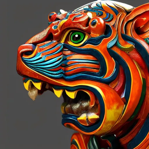 Image similar to breathtakingly cool beautiful complex stylised balinese carving ornate coloured sculpture tiger, extreme closeup, incredibly detailed, 8 k artstation