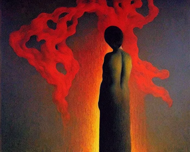 Image similar to fire painting by magritte and beksinski.