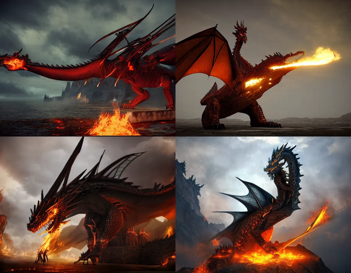 Prompt: Giant, Steel, Firebreathing Dragon, Metal, Iron, Fire, Flames, Dragon, photo, render, unreal engine