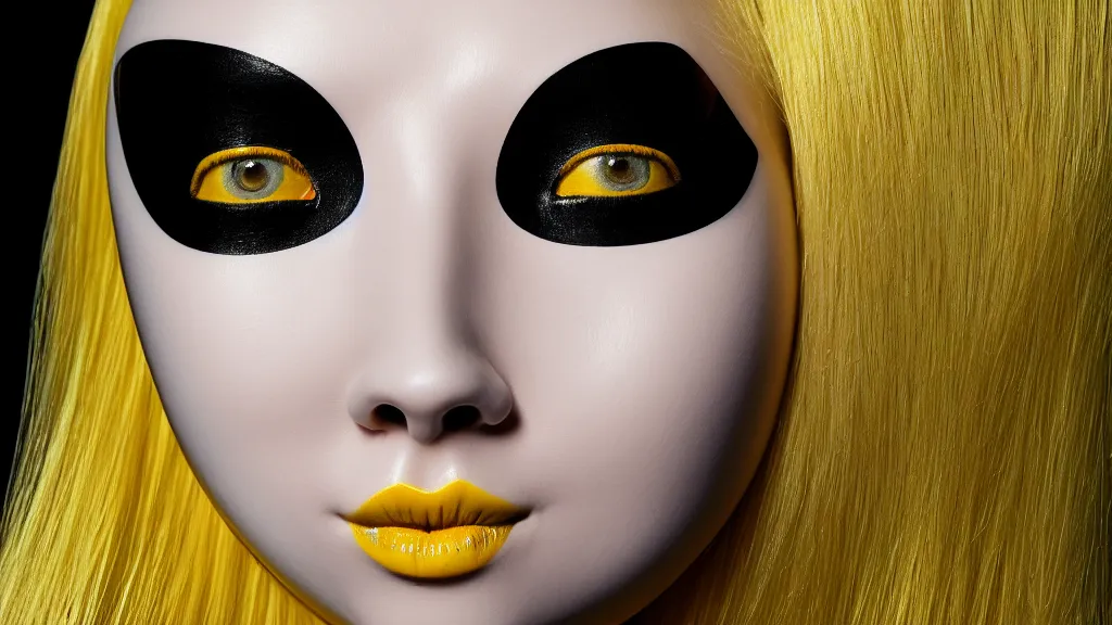 Image similar to symmetrical close - up portrait of a woman wearing a translucent silicone beauty mask and yellow hair, wearing a black bodysuit by alexander mcqueen, black background, soft diffused light, biotechnology, humanoide robot, bjork aesthetic, translucent, intricate details, highly detailed, masterpiece,