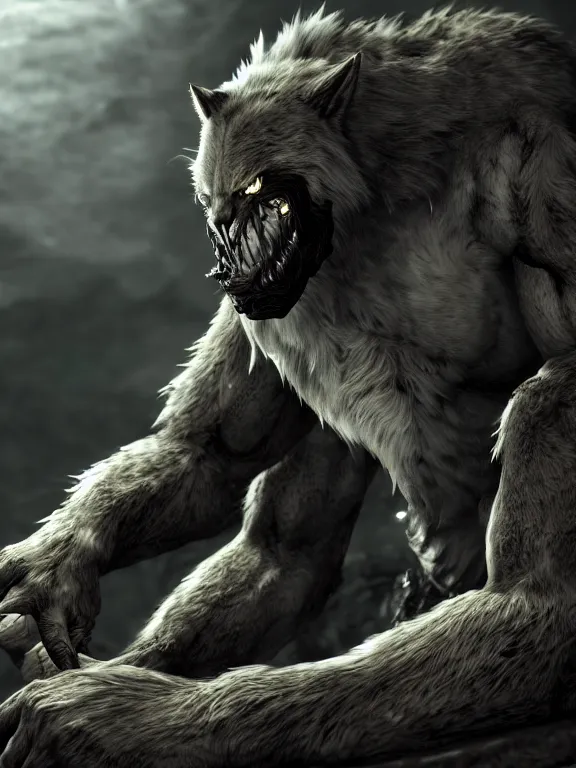 Image similar to cute handsome cuddly burly surly relaxed calm timid werewolf from van helsing unreal engine hyperreallistic render 8k character concept art masterpiece screenshot from the video game the Elder Scrolls V: Skyrim