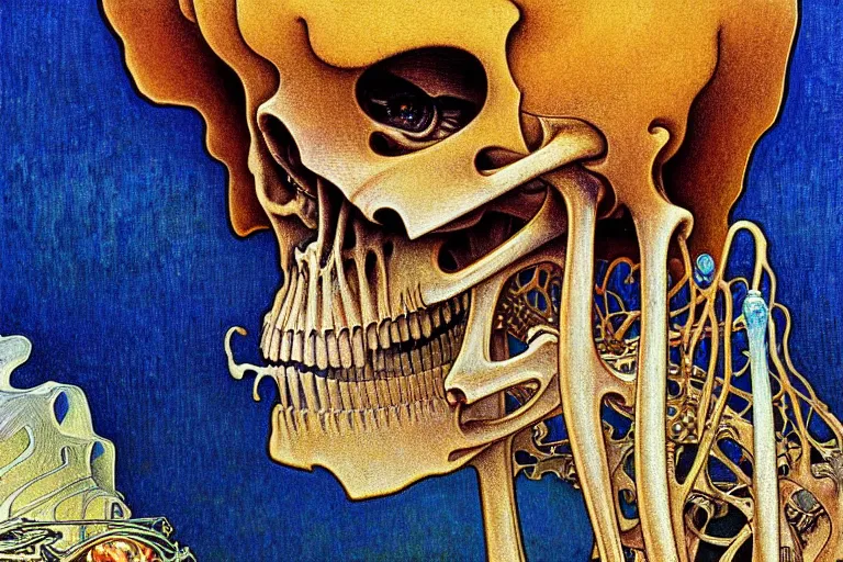 Image similar to realistic detailed closeup portrait painting of a single skeleton wearing a cape in a crowded futuristic street by Jean Delville, Amano, Yves Tanguy, Alphonse Mucha, Ernst Haeckel, Edward Robert Hughes, Roger Dean, rich moody colours, blue eyes