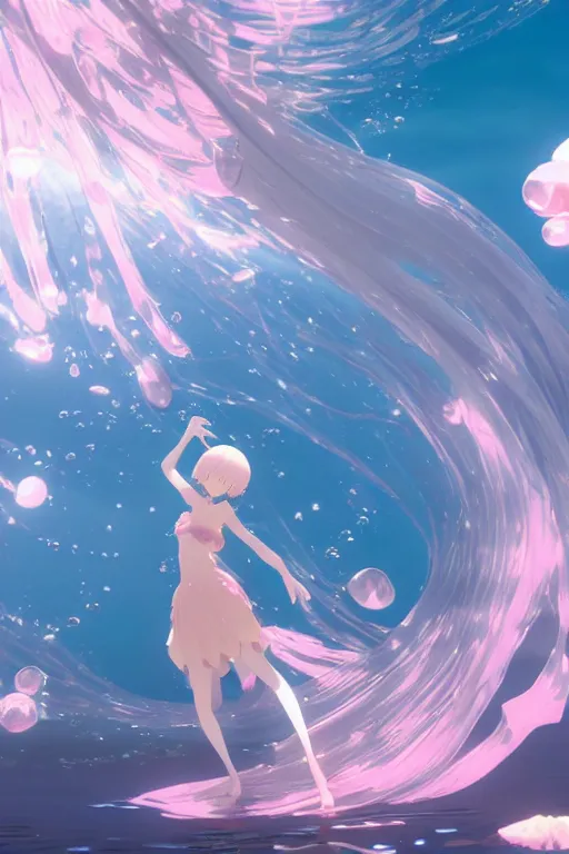 Image similar to 3D CG anime Land of the Lustrous Houseki no Kuni character Ventricosus translucent very light pink jelly woman with thick chest size and pink transparent bouffont dress frills standing at the bottom of the ocean near the surface, sun rays shine through the water, facing the camera, beautiful composition, 3D render, cel shaded, 8k, key visual, made by Haruko Ichikawa, Makoto Shinkai, studio Ghibli, Kyoto Animation