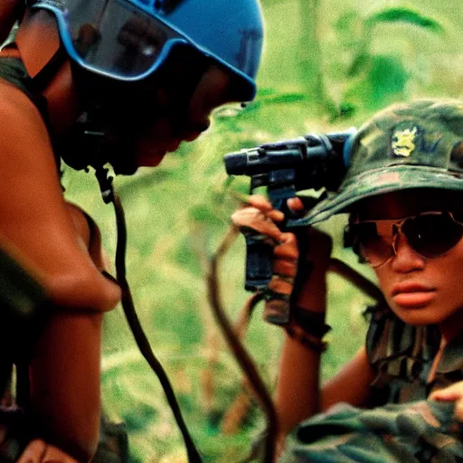 Prompt: film still, extreme far view, kylie jenner, jungle, vietnam door gunner, apocalypse now, associated press, 2 6 mm, kodak ektachrome, blue tint expired film