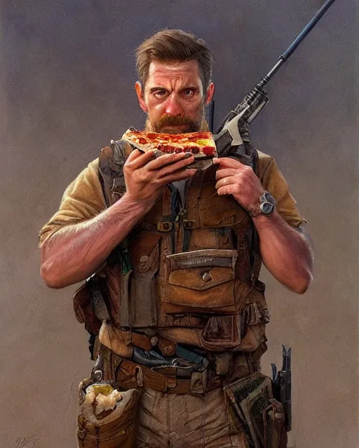 Prompt: a man with rifle in hand eating a pizza, scar under eye, cover page very intricate | cinematic lighting | award - winning | closeup portrait | by donato giancola and mandy jurgens and charlie bowater | featured on artstation