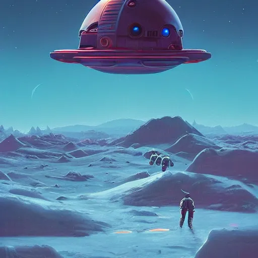 Image similar to “A spaceship hovering above a strange alien planet by Simon Stalenhag, 8k, highly detailed, trending on artstation”