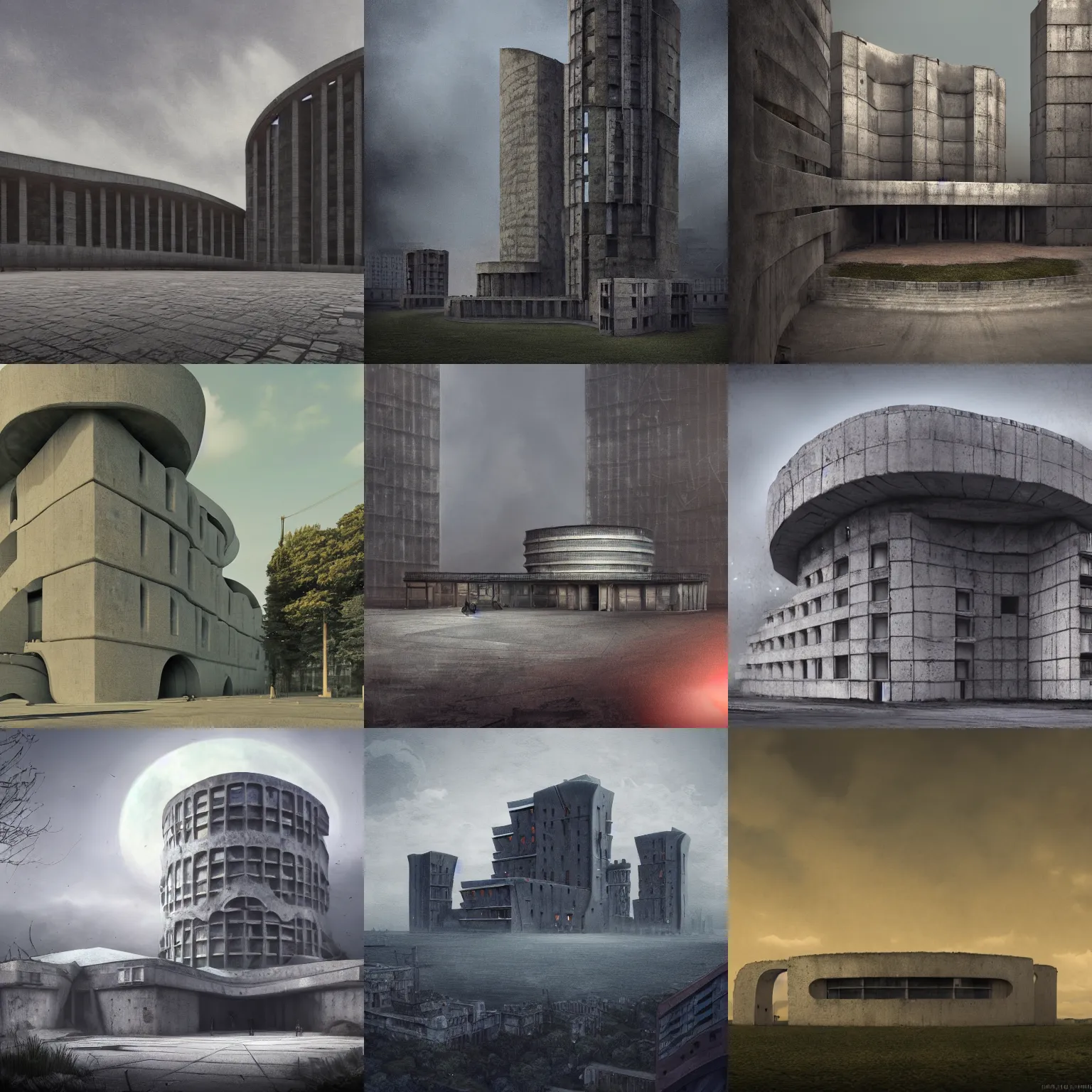 Prompt: matte painting of the exterior view of ring - shaped building. brutalist soviet architecture. dark horror fantasy. fantastical, detailed digital art trending in artstation