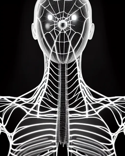 Image similar to black and white cyborg-plant goddess high quality photo, artificial intelligence, bio-mechanical bio-luminescence, artificial spider web, neurons, nerve cells, octane render, cinematic, hyper realism, photo-realistic, high detail, 8k, in the style of Steven Meisel and Dora Maar and H.G. Giger