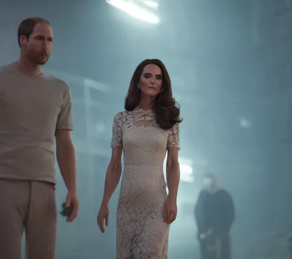 Image similar to a pov shot, color cinema film still kate middleton wearing a white lace dress in blade runner 2 0 4 9, cinematic lighting at night.