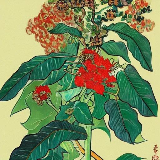 Prompt: a colorful illustration of the coffee plant and flowers, detailed patters, in the style of Japanese illustration, Van Gogh, Matisse, Caravaggio