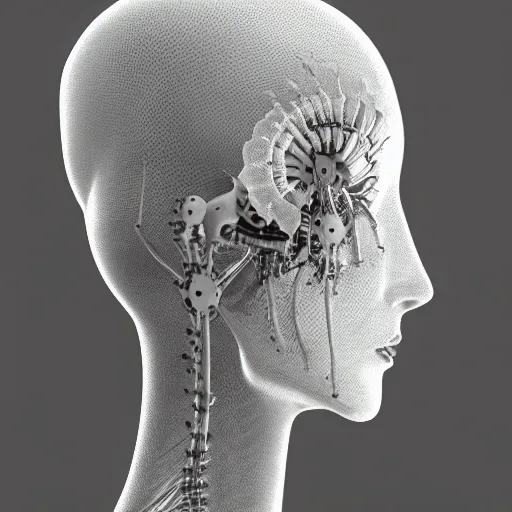Image similar to black and white dreamy foggy smoky profile face portrait, single skeletal biomechanical beautiful young female cyclops - cyborg - robot bust, body ribs meshes,, volumetric light, rim light, by dora maar and cecile beaton, big gothic fashion pearl embroidered collar, 8 k