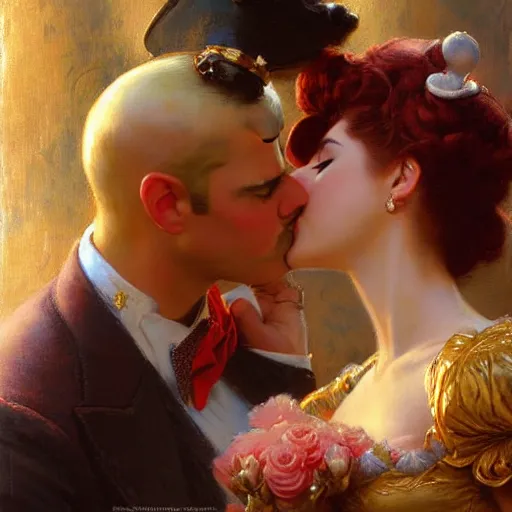 Prompt: a portrait of a mario kissing princess peach. highly detailed painting by gaston bussiere, craig mullins, j. c. leyendecker, furry