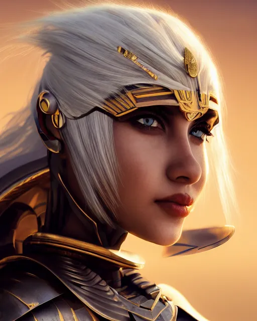 Image similar to girl in egypt, egyptian cyborg armor, white hair, atmosphere, gold, detailed, intricate, desert, beautiful face, cinematic lighting, trending on artstation, blue eyes, 4 k, focused, extreme details, cinematic, masterpiece, by akihito tsukushi