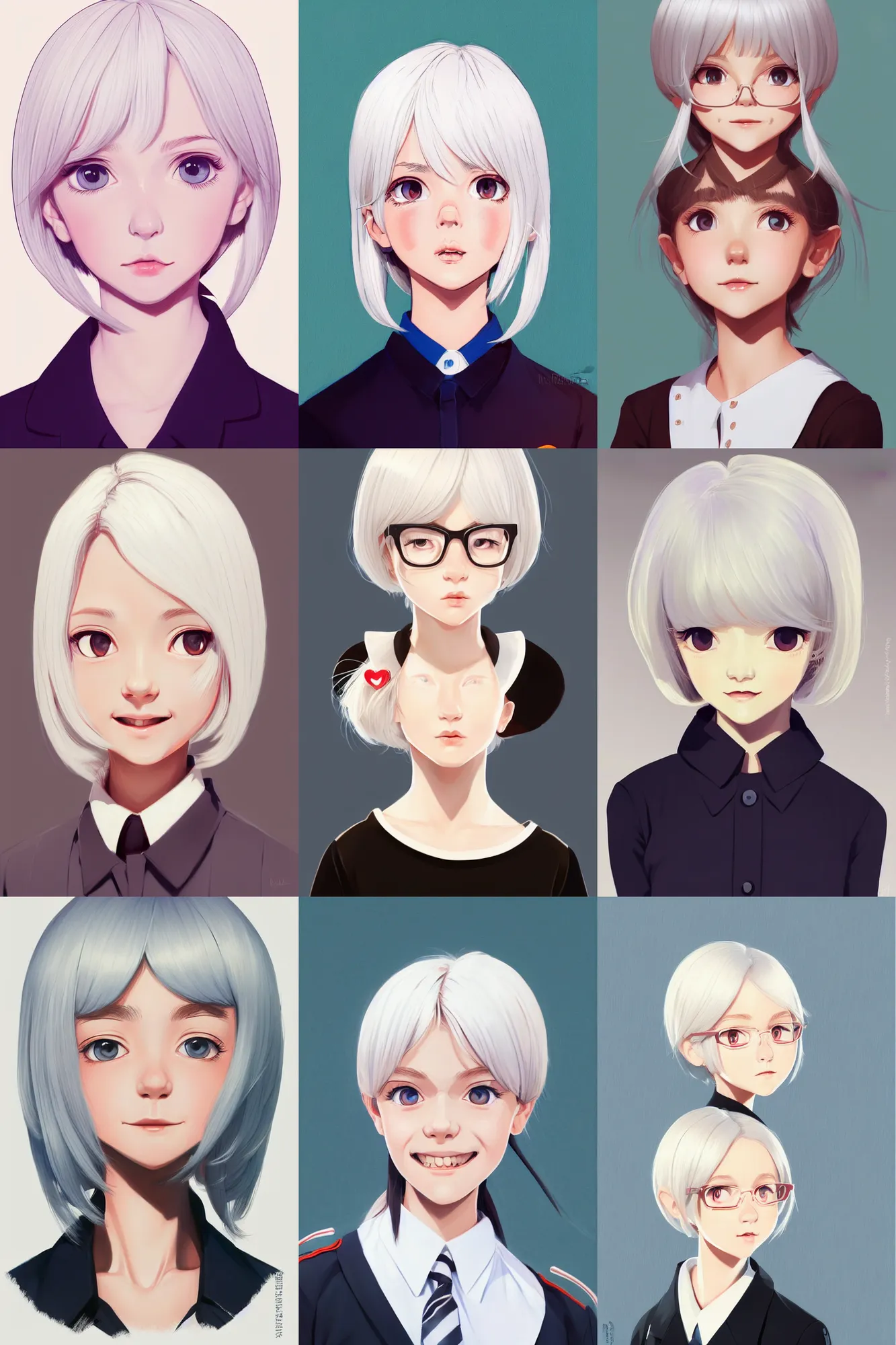 Image similar to a headshot of a very happy cute girl with shoulder - length white hair wearing school uniform, sharp focus, illustration, morandi color scheme, art station, high detailed, by ilya kuvshinov