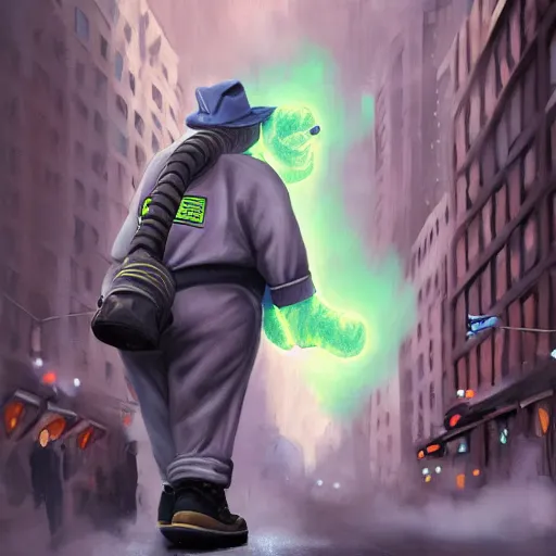 Prompt: a giant ghostbusters stay puff marshmallow man wearing timberland shoes and a yankee hat smoking a joint walking in new york city, highly detailed portrait, digital painting, artstation, artstation hq