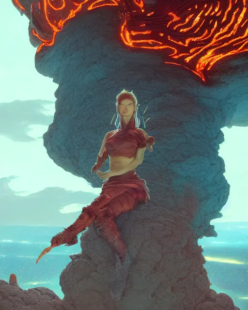 Image similar to highly detailed surreal vfx portrait of a futuristic fire mage in a volcano with lava, stephen bliss, unreal engine, greg rutkowski, loish, rhads, beeple, makoto shinkai and lois van baarle, ilya kuvshinov, rossdraws, tom bagshaw, alphonse mucha, global illumination, detailed and intricate environment