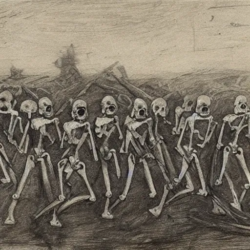 Prompt: an army of skeletons rising from a river by alfred stevens, charcoal