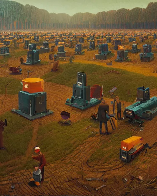 Image similar to the digital workers being robbed of their time and money by corporate overlords by Simon Stålenhag and Grant Wood, oil on canvas