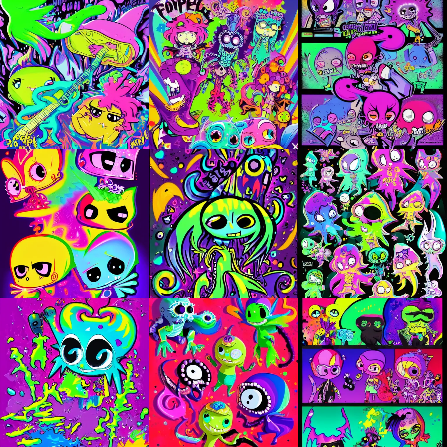 Prompt: lisa frank colorful confetti spray paint explosion gothic punk toxic bioluminescent glow in the dark vampiric rockstar vampire squid concept character designs of various shapes and sizes by genndy tartakovsky and the creators of fret nice at pieces interactive and splatoon by nintendo and the psychonauts by doublefine tim shafer artists for the new hotel transylvania film managed by pixar and overseen by Jamie Hewlett from gorillaz