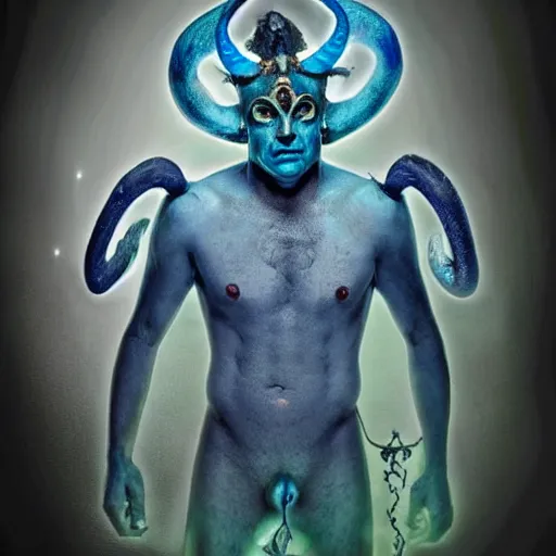 Prompt: blue djinn, horror, male, horns, 3rd eye