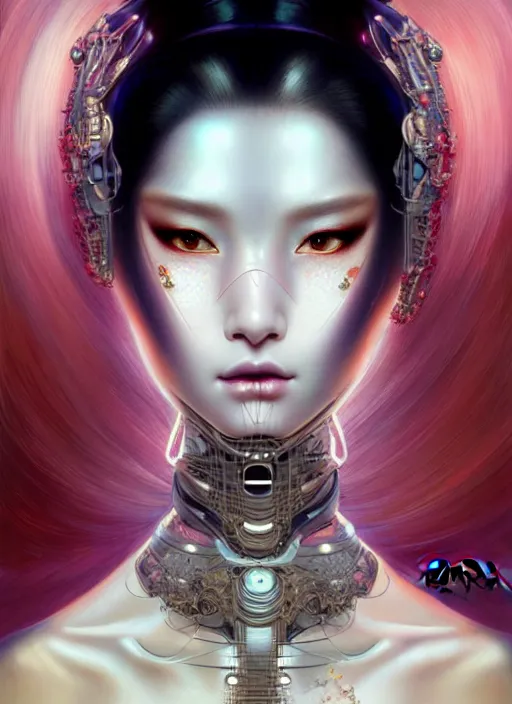 Prompt: organic seductive Geisha cyborg, pearlescent skin, diffuse lighting, fantasy, intricate, elegant, highly detailed, lifelike, photorealistic, digital painting, artstation, illustration, concept art, smooth, sharp focus, art by John Collier and Albert Aublet and Leonardo da vinci and Krenz Cushart and Artem Demura and Alphonse Mucha