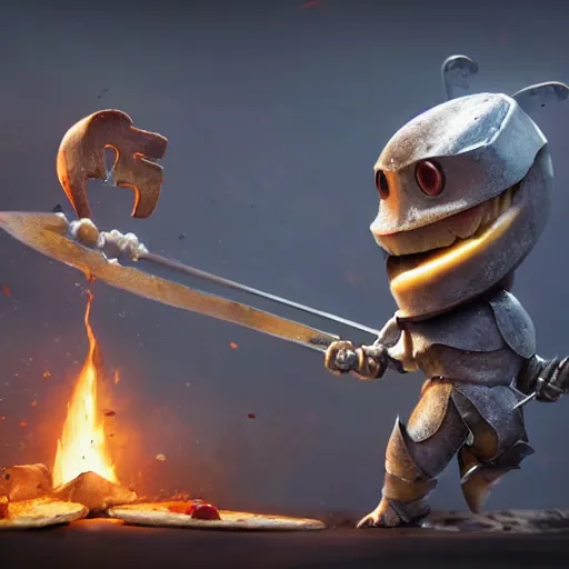 Image similar to medieval battle toast, a slice of toasted bread with a face, arms and legs, holding a sword, cute, pixar, volumetric lighting, dynamic composition, fantasy, hyper detailed, ultra realistic, sharp focus, octane render, concept art by ruan jia and heng z and artem