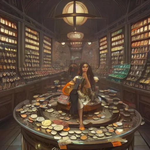 Image similar to modern coin shop with a lot of coins, 4 k, octane, digital painting, artstation, concept art, sharp focus, illustration, art by artgerm and greg rutkowski and alphonse mucha