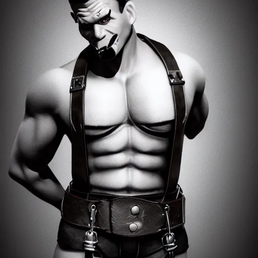 Image similar to 3 5 mm photo of popeye the sailor man wearing leather harness in the style of tom of finland, furry chest, full body, ultra high detailed, glowing lights, oil painting, unreal 5, daz, hyperrealistic, octane render, rpg portrait, dynamic lighting, fantasy art, beautiful face